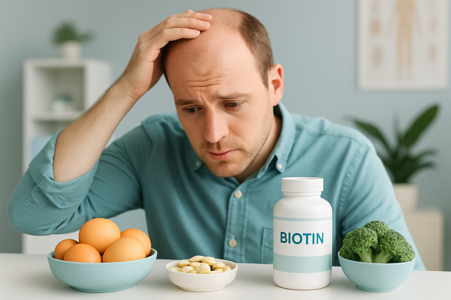Biotin-Kapseln und biotinreiche Lebensmittel wie Eier, Nüsse und Haferflocken für gesundes Haarwachstum