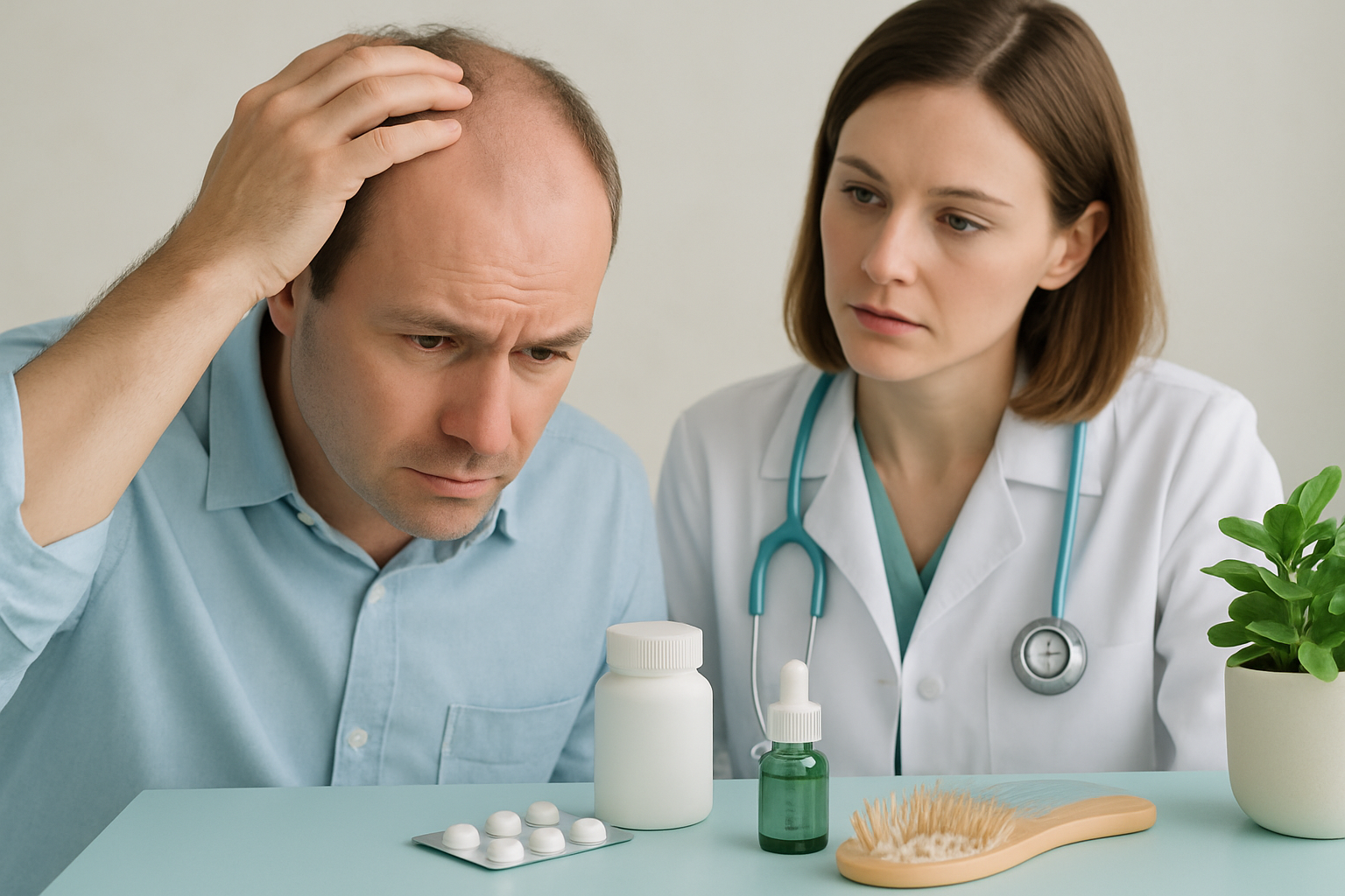 Medikamentenblister und ausgefallene Haare symbolisieren Haarausfall als Medikamenten-Nebenwirkung