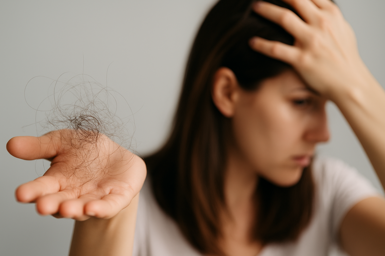 Frau mit gesundem Haar betrachtet sich im Spiegel nach erfolgreicher Behandlung von Haarausfall