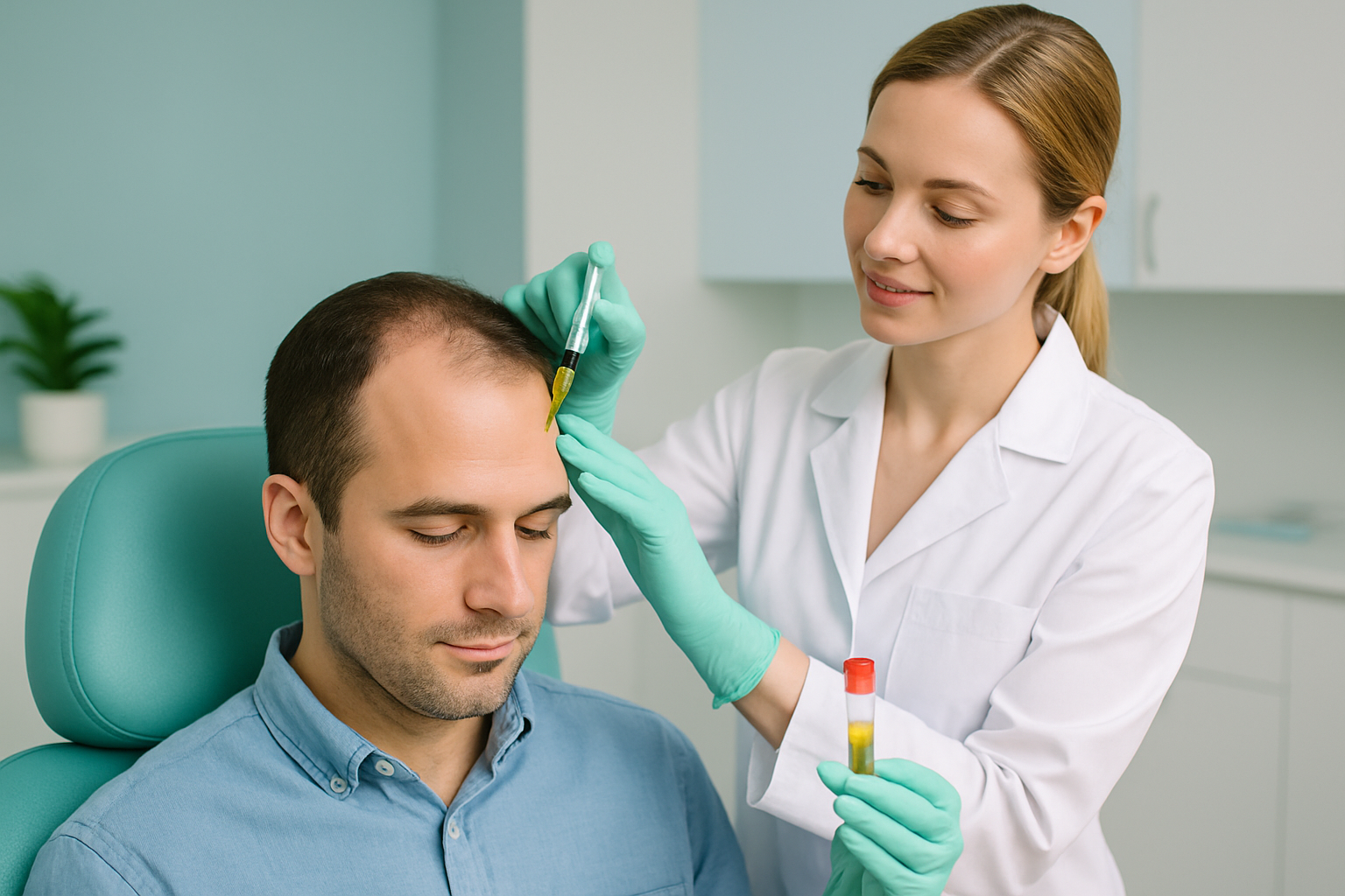 PRP-Therapie Behandlung: Arzt bereitet plättchenreiches Plasma für Haarausfall-Behandlung vor